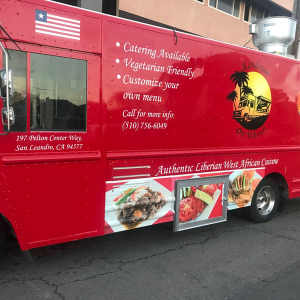 Red Kendejah food truck with Liberian flag, menu details, and images of African cuisine.