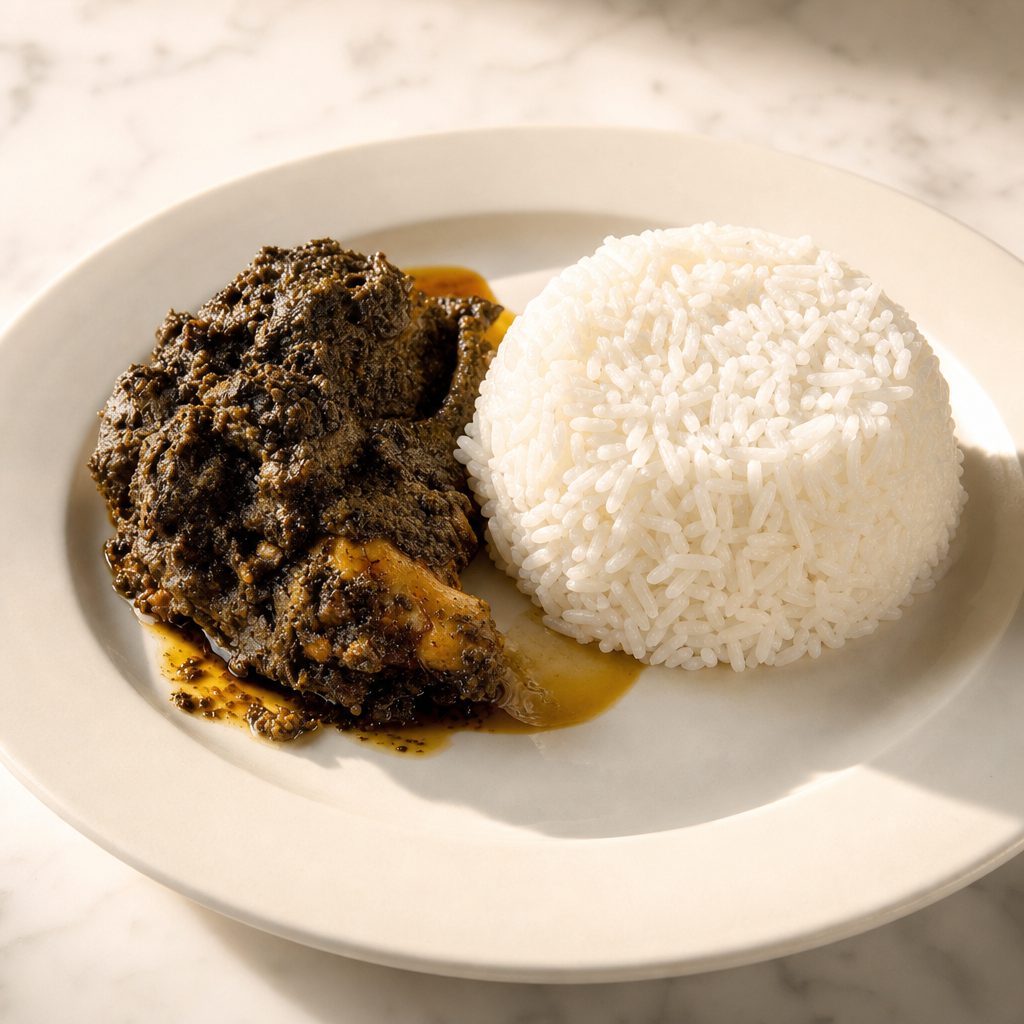Cassava Leaf Served with Rice.