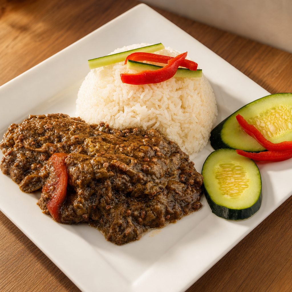 Fried Okra Sauce Served with Rice.