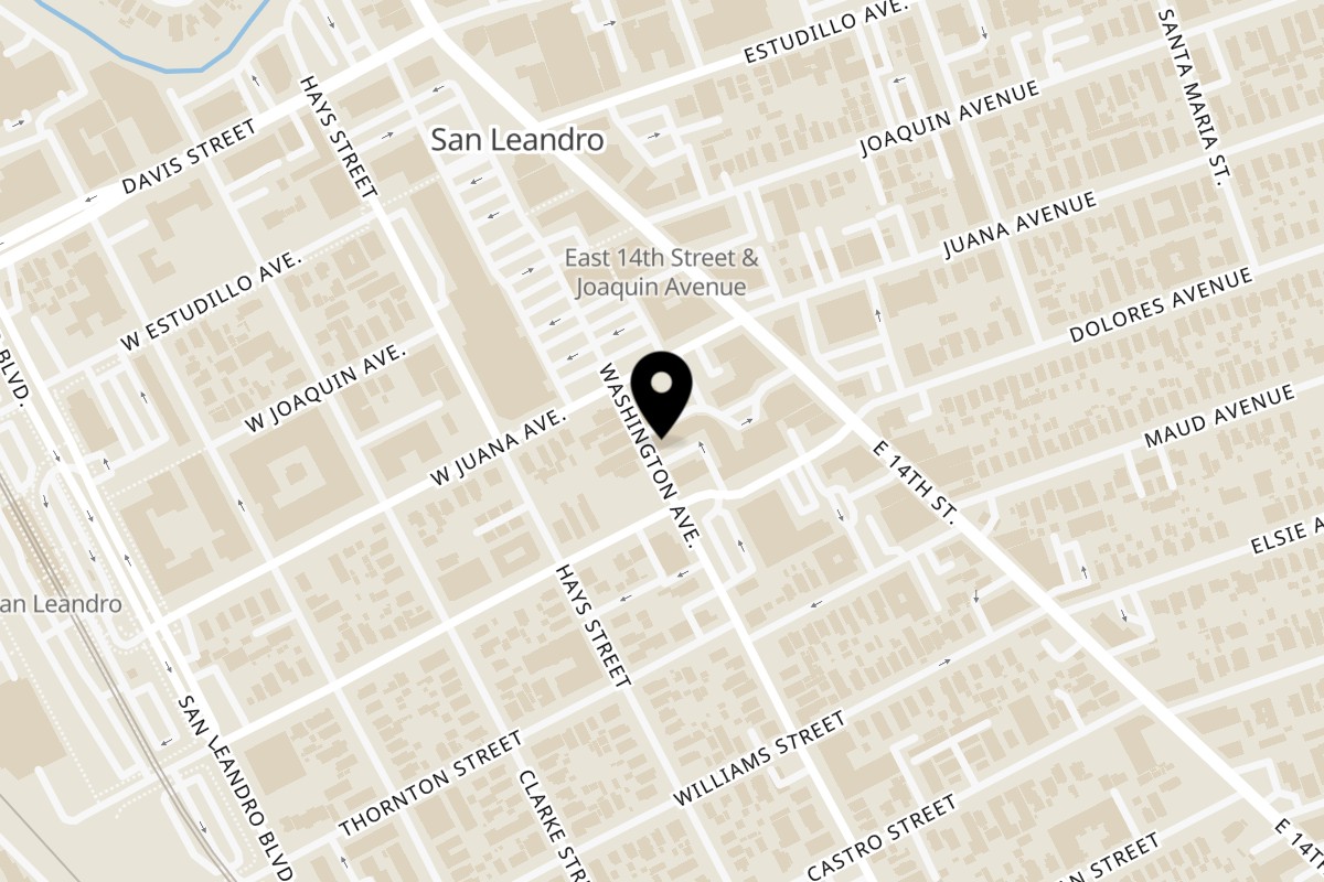 Map showing the location of Kendejah Restaurant on 197 Pelton Center Way in San Leandro